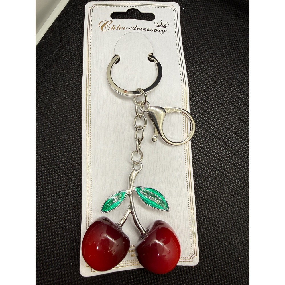 Red Cherry Keychain Silver Tone Glitter Leaf Bag Charm NEW Novelty Retro